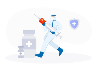 Nurses wearing personal protective equipment. Medicines and injections. Covid-19 vector illustration.