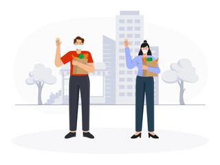 The movement to wear masks and maintain distance during the Covid-19 pandemic. Men and women wearing masks. Covid-19 vector illustration.	