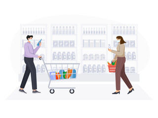 A shopping cart full of many items. Man is selecting items to buy. Woman with a small shopping basket. Supermarket display rack. Covid-19 vector illustration	