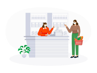 Activities in the grocery store. Sellers and buyers must maintain a distance when buying and selling transactions. Basket full of shopping items. Covid-19 vector illustration.	