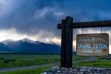 Entrance to Grand Teton National Park during a fleeting storm