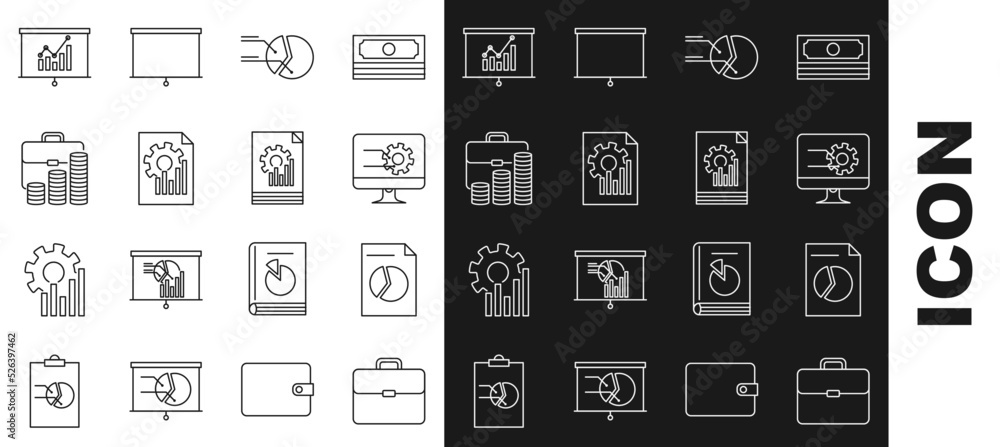 Poster set line briefcase, document with graph chart, computer monitor, pie infographic, and coin, board an