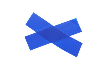 Crossed pieces of blue insulating tape on white background, top view