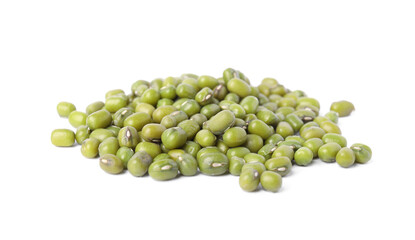 Pile of green mung beans isolated on white. Organic grains