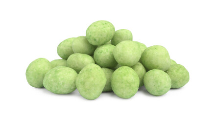 Pile of wasabi coated peanuts on white background
