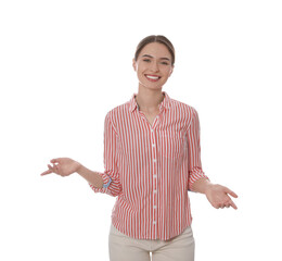 Beautiful woman on white background. Weather forecast reporter