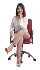 Young businesswoman sitting in comfortable office chair on white background