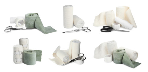 Set with different elastic bandages on white background