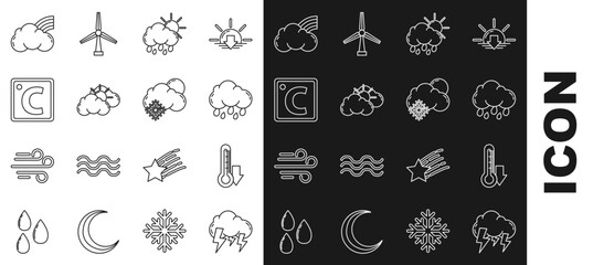 Set line Storm, Thermometer, Cloud with rain, and sun, Sun cloud weather, Celsius, Rainbow clouds and snow icon. Vector