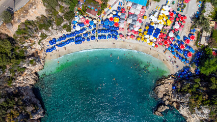 Fototapeta na wymiar Büyük Çakıl Plajı - Big Pebble Beach on mediterranean coast from high angle in Kas, Antalya, Turkey