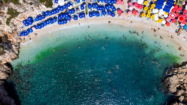 B&uuml;y&uuml;k &Ccedil;akıl Plajı - Big Pebble Beach on mediterranean coast from high angle in Kas, Antalya, Turkey