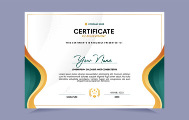 Green and gold certificate of achievement template set with gold badge and border. For award, business, and education needs. Vector Illustration