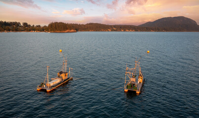 Aerial Sunset View of Reefnet Salmon Fishing Boats Off Lummi Island, Washington. Wild Pacific...