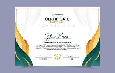 Green and gold certificate of achievement template set with gold badge and border. For award, business, and education needs. Vector Illustration