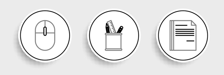 Set line File document, Computer mouse and Pencil case stationery icon. Vector