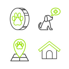 Set line Dog house, Map pointer with veterinary medicine hospital, Veterinary clinic symbol and Paw print icon. Vector