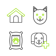 Set line Veterinary clinic symbol, Bag of food for dog, Cat and Dog house icon. Vector
