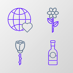 Set line Champagne bottle, Flower rose, and The heart world love icon. Vector