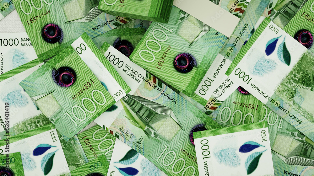 Poster 3d rendering of nicaraguan cordoba notes spread on surface