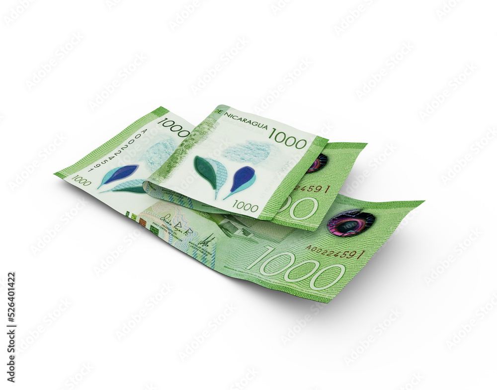 Poster 3d rendering of double nicaraguan cordoba notes isolated on white background