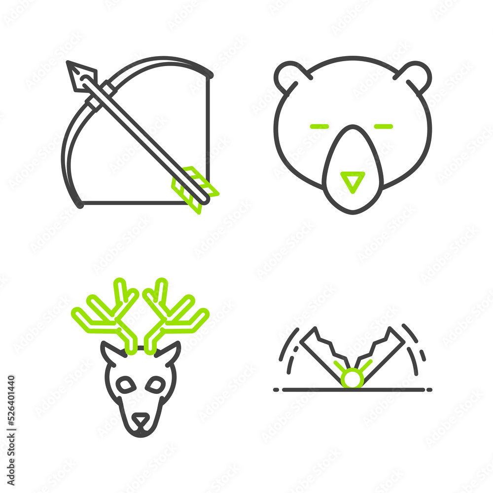 Sticker Set line Trap hunting, Deer head with antlers, Bear and Bow and arrow quiver icon. Vector