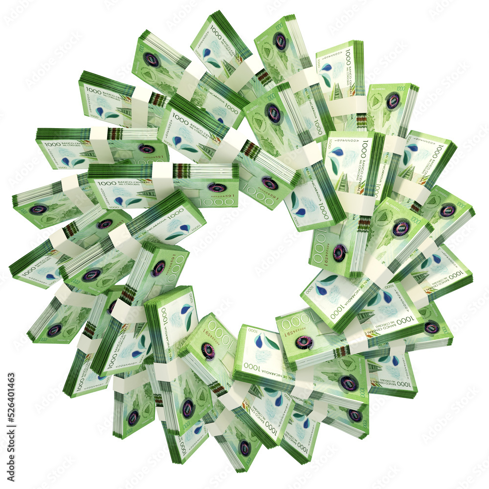 Poster 3d rendering of stacks of nicaraguan cordoba arranged in a circular pattern.