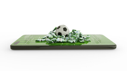3d rendering of soccer field on mobile phone screen. Nicaraguan Cordoba notes with Football on phone screen. Soccer pitch on smartphone screen isolated on white background. bet and win concept © RODWORKS
