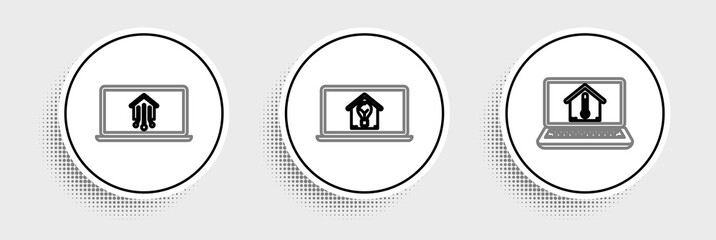 Set line Laptop with house temperature, smart home and and light bulb icon. Vector