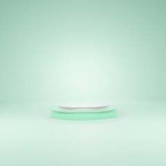3D render empty metallic green rounded podium with white top for exhibition
