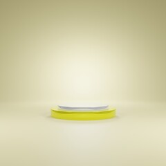 empty metallic yellow rounded podium with white top for exhibition