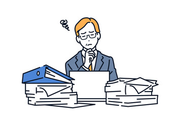 山積みの書類に悩む経営者のシンプルなベクターイラスト素材