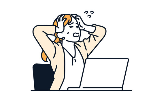 recommend clip art: PCの前で頭を抱えるスーツの女性のシンプルなベクターイラスト素材