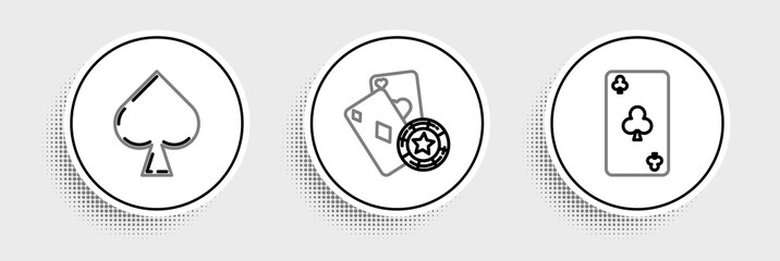 Set line Playing card with clubs symbol, spades and Casino chip and playing cards icon. Vector