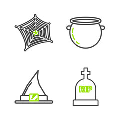 Set line Tombstone with RIP, Witch hat, Halloween witch cauldron and Spider web icon. Vector
