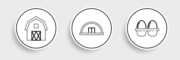 Set line Chicken egg in box, Farm House concept and Hangar icon. Vector