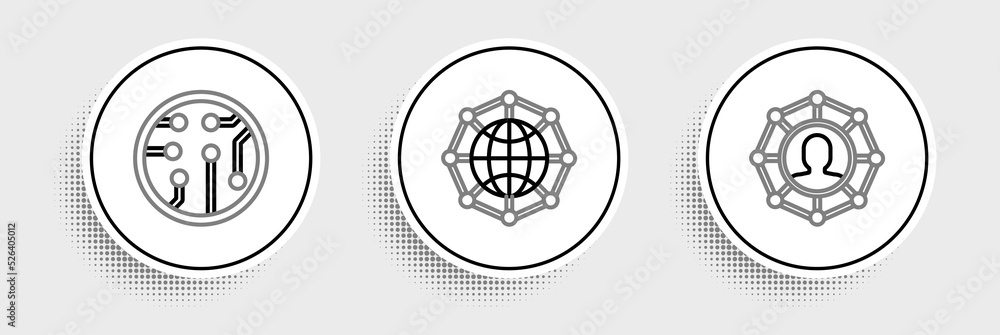 Poster set line project team base, processor and global technology social network icon. vector