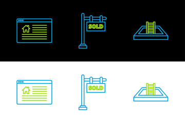 Set line Swimming pool with ladder, Hanging sign text Online Sale and Sold icon. Vector