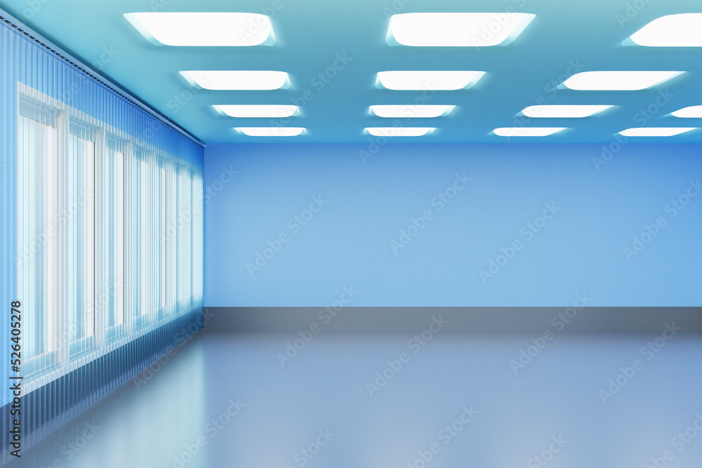 Poster empty room. visualization of office without furniture. room with blue walls. empty office with blind
