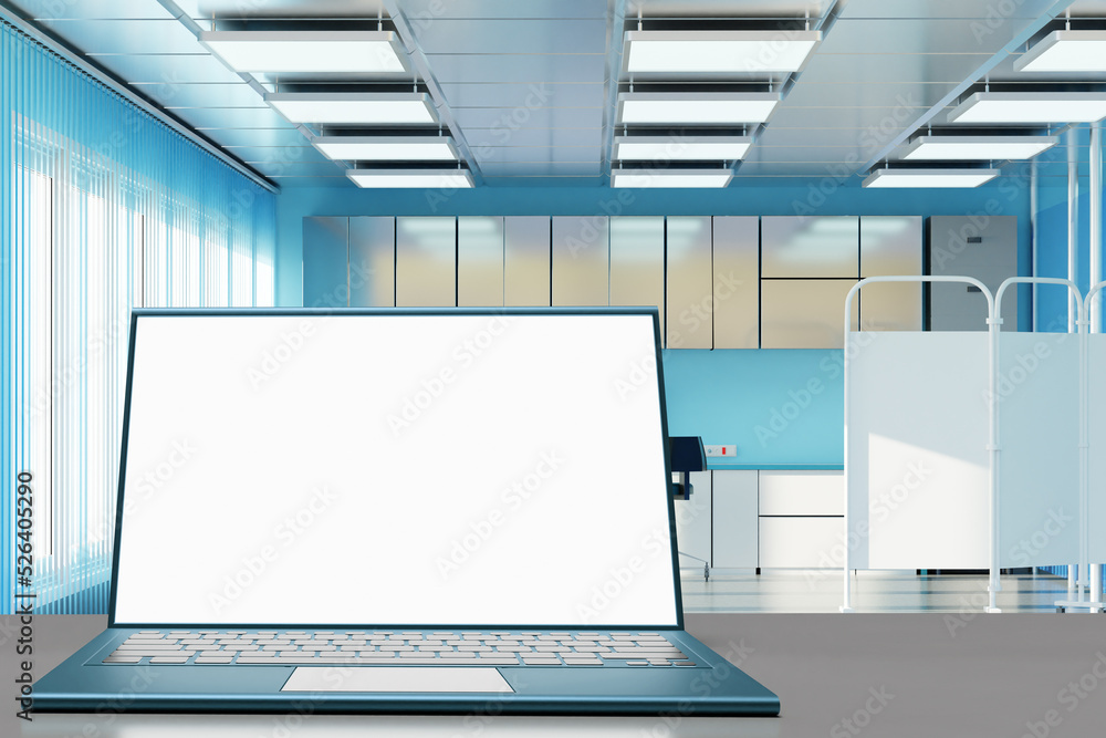 Poster laptop mockup. laptop in laboratory assistants office. computer with white screen. place for laborat