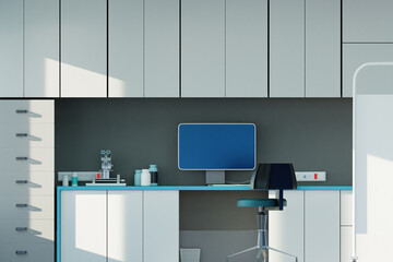 Biologists office interior. Empty workplace biologist. Cabinets and table near gray wall. Computer and microscope on table biologist. Room for biological research. Interior biological lab. 3d image