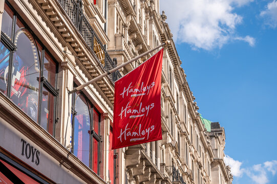 London, UK - August 25, 2022:  Exterior of the Hamleys toy store on regent Street in London.