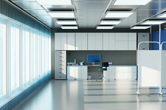 Private clinic premises. Interior doctor office without anyone. Workplace doctor with computer and microscope. Spacious doctors office with blinds on windows. Private clinic service concept. 3d image
