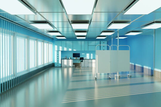 Laboratory furniture. Empty medical laboratory with furniture. Equipment for laboratory. Concept closed ballroom. Medical lab equipment in large room. Room with doctors computer near wall. 3d image.