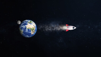 3D Render Rocket Jet Fly From Earth World Planet And Moon On Galaxy Space 3D Illustration Background © Diamond Heart