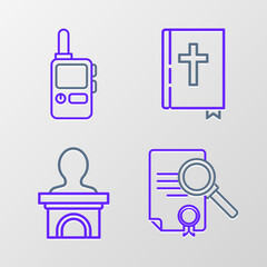 Set line Document with search, Stage stand or debate podium rostrum, Holy bible book and Walkie talkie icon. Vector
