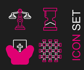 Set line Prison window, Oath the Holy Bible, Old hourglass and Scales of justice icon. Vector
