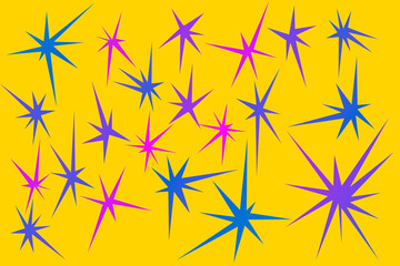 Multi-pointed asymmetric stars. Multicolored polygons on a yellow background.