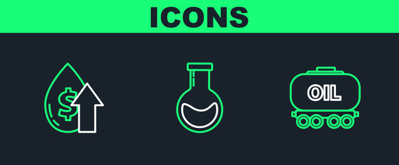 Set line Oil railway cistern, price increase and Test tube and flask icon. Vector