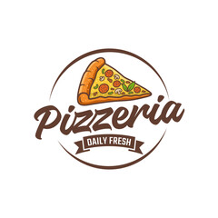 Pizzeria Vector Emblem on blackboard. Pizza logo template. Vector emblem for cafe, restaurant or food delivery service - obrazy, fototapety, plakaty