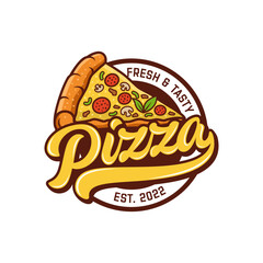 Pizzeria Vector Emblem on blackboard. Pizza logo template. Vector emblem for cafe, restaurant or food delivery service.